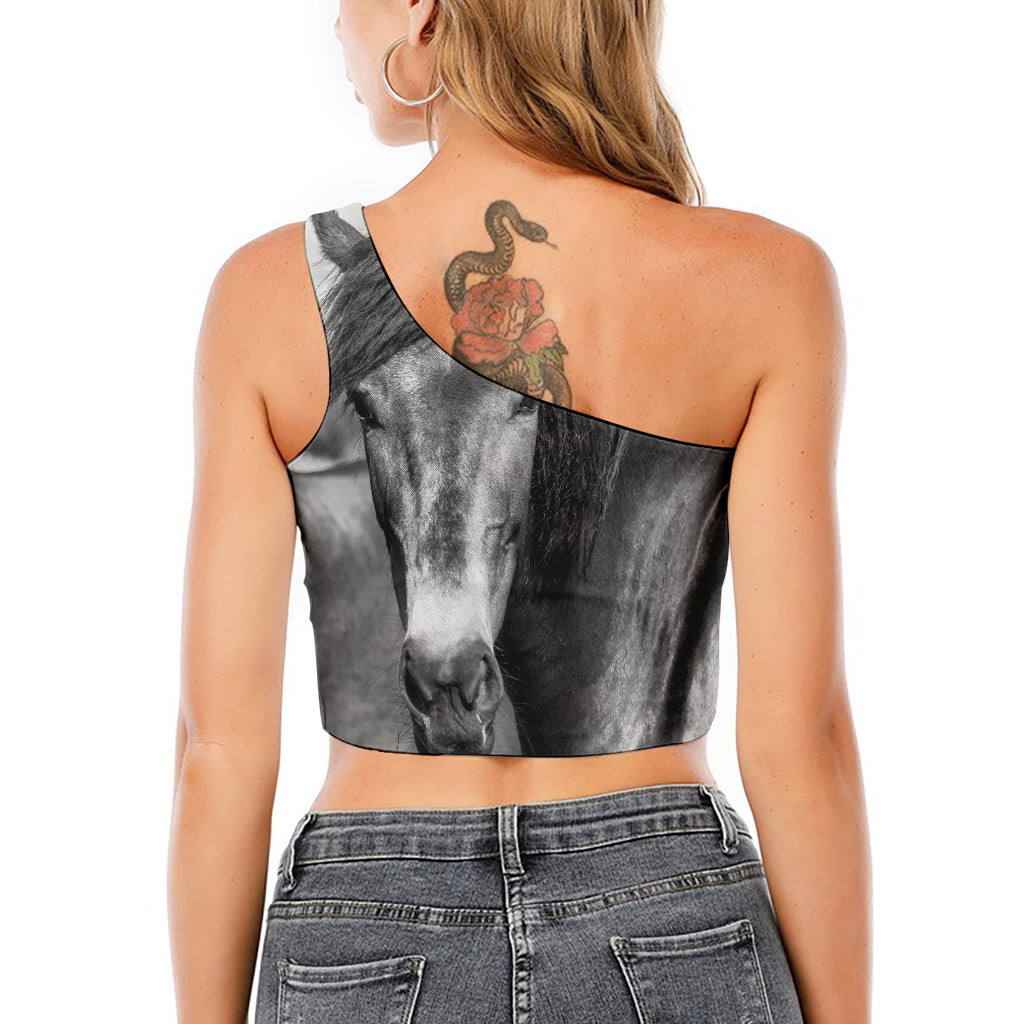 Monochrome Horse Print One Shoulder Crop Top