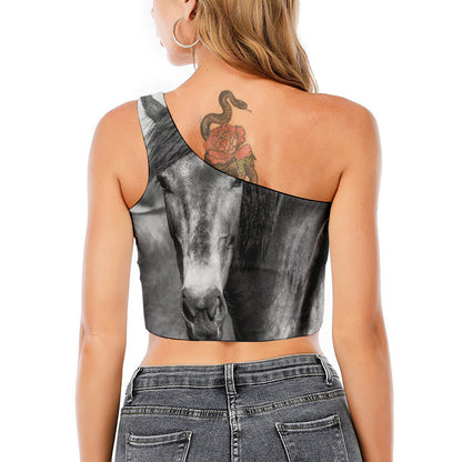 Monochrome Horse Print One Shoulder Crop Top