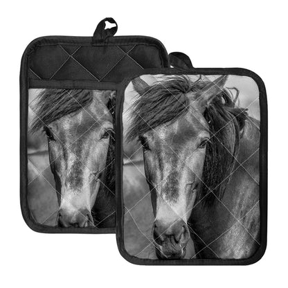 Monochrome Horse Print Pot Holders With Pocket