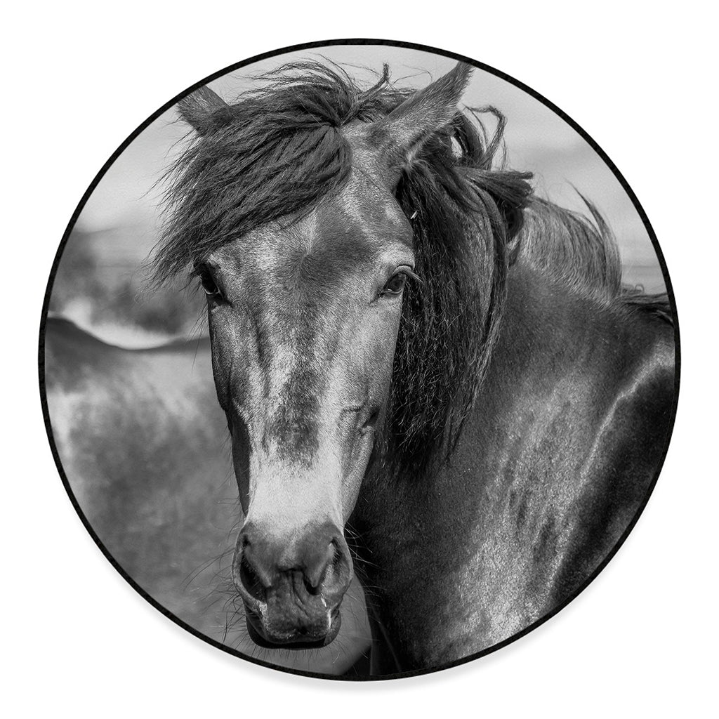 Monochrome Horse Print Round Floor Mat
