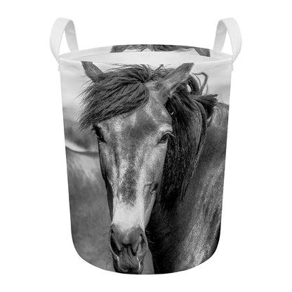 Monochrome Horse Print Round Laundry Basket