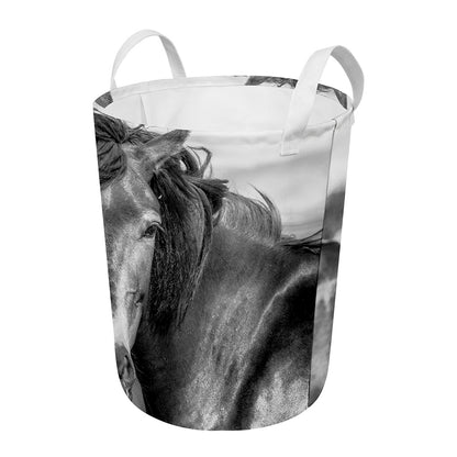Monochrome Horse Print Round Laundry Basket