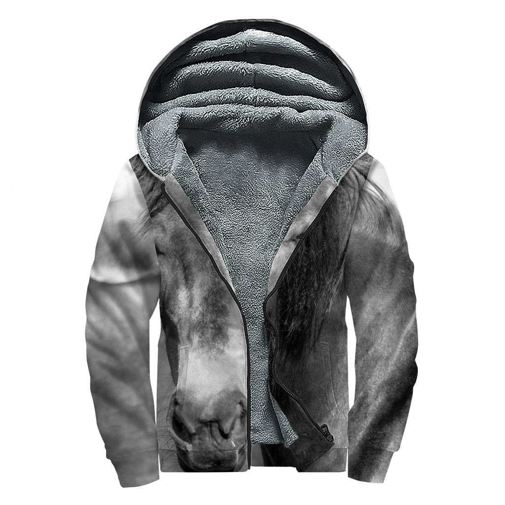 Monochrome Horse Print Sherpa Lined Zip Up Hoodie