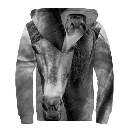 Monochrome Horse Print Sherpa Lined Zip Up Hoodie