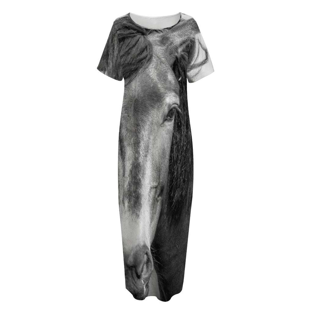 Monochrome Horse Print Short Sleeve Long Nightdress