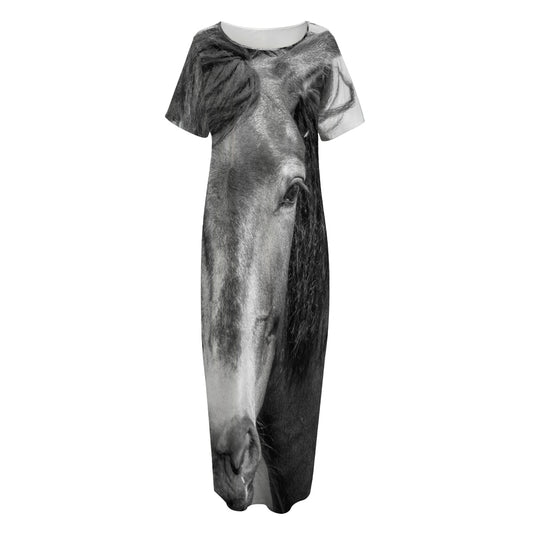 Monochrome Horse Print Short Sleeve Long Nightdress