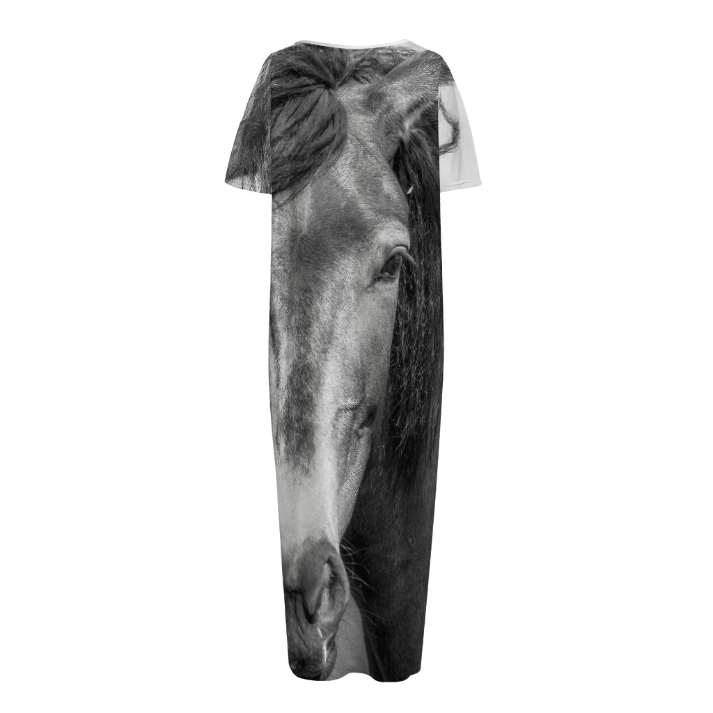 Monochrome Horse Print Short Sleeve Long Nightdress