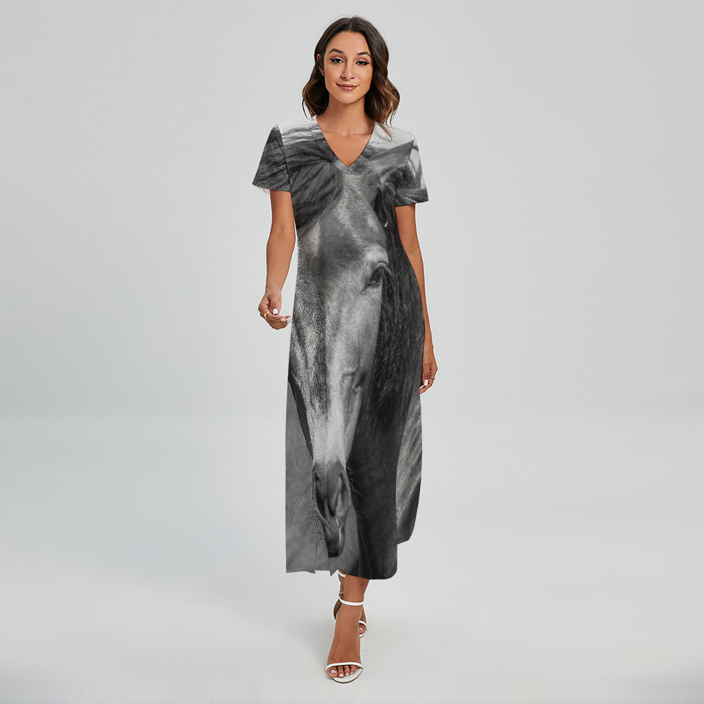Monochrome Horse Print Short Sleeve Maxi Dress