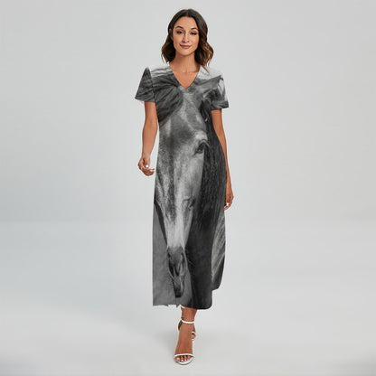 Monochrome Horse Print Short Sleeve Maxi Dress