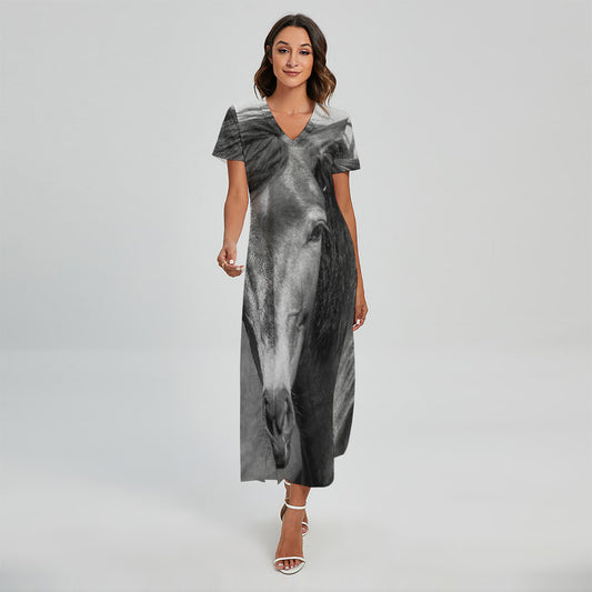 Monochrome Horse Print Short Sleeve Maxi Dress