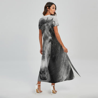 Monochrome Horse Print Short Sleeve Maxi Dress