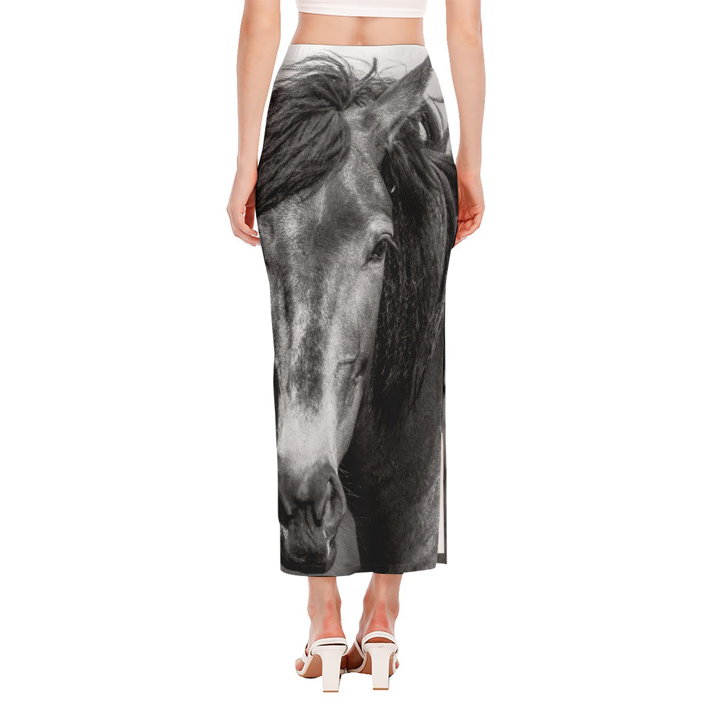 Monochrome Horse Print Side Slit Maxi Skirt