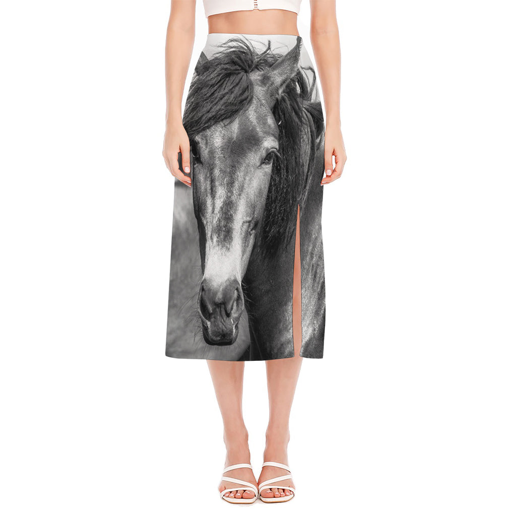 Monochrome Horse Print Side Slit Midi Skirt