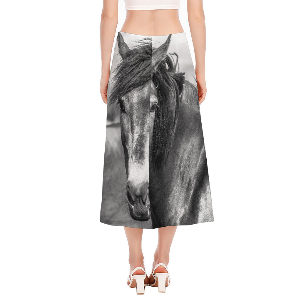 Monochrome Horse Print Side Slit Midi Skirt