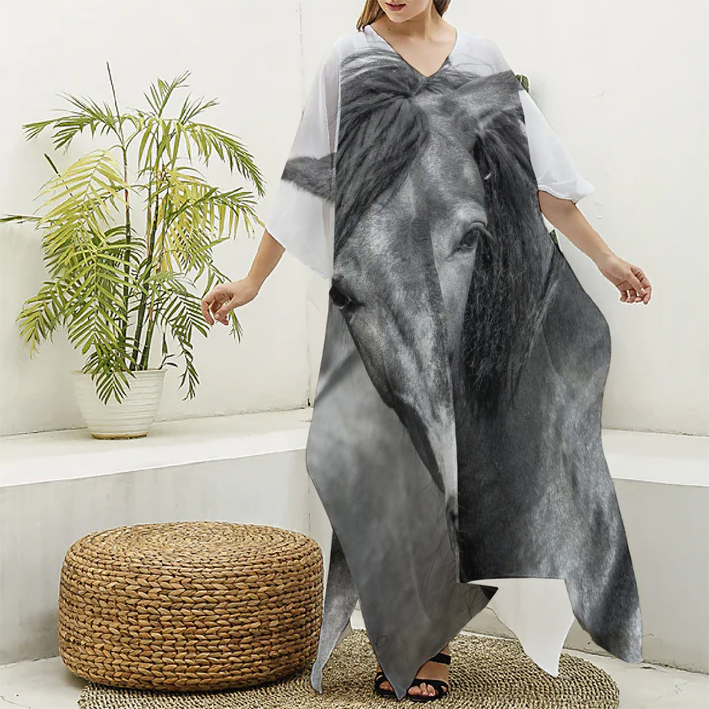 Monochrome Horse Print Silk V-Neck Kaftan Dress