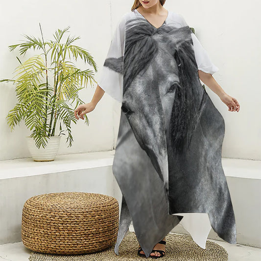 Monochrome Horse Print Silk V-Neck Kaftan Dress