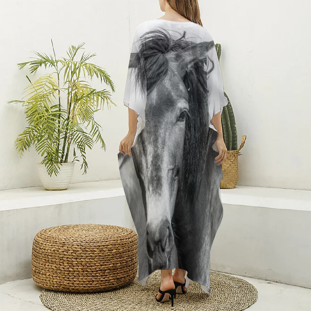 Monochrome Horse Print Silk V-Neck Kaftan Dress
