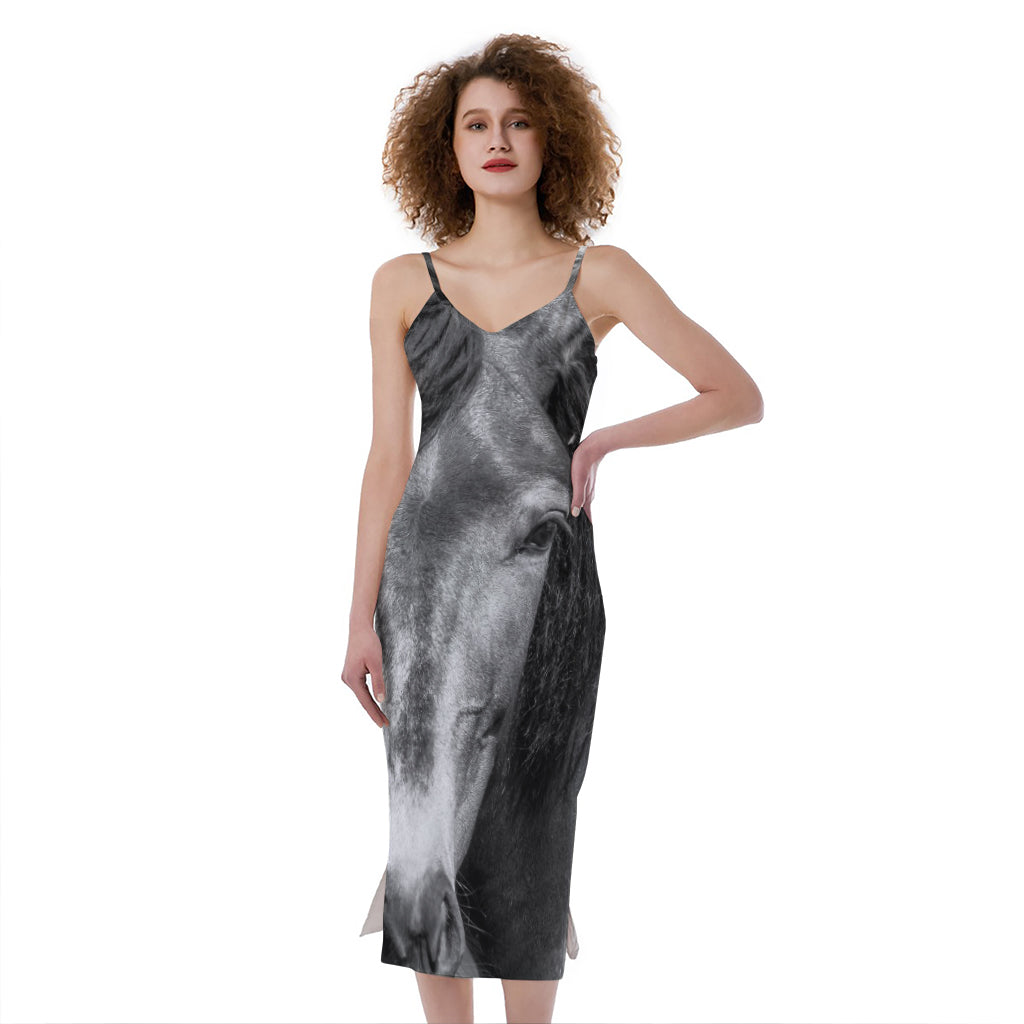 Monochrome Horse Print Slim Fit Midi Cami Dress