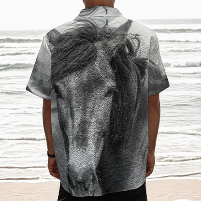 Monochrome Horse Print Textured Short Sleeve Shirt