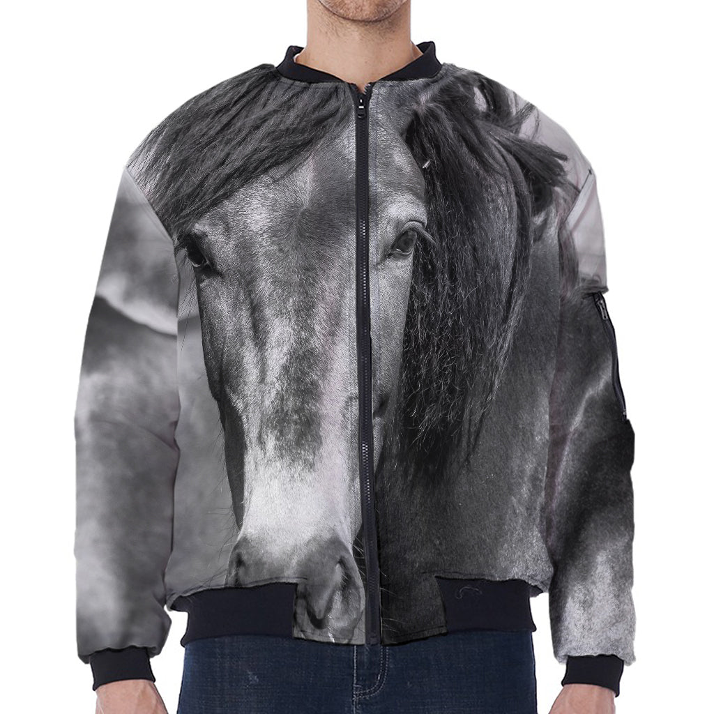 Monochrome Horse Print Zip Sleeve Bomber Jacket