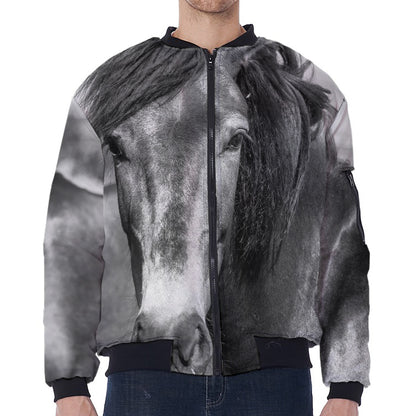 Monochrome Horse Print Zip Sleeve Bomber Jacket