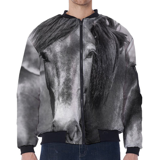 Monochrome Horse Print Zip Sleeve Bomber Jacket