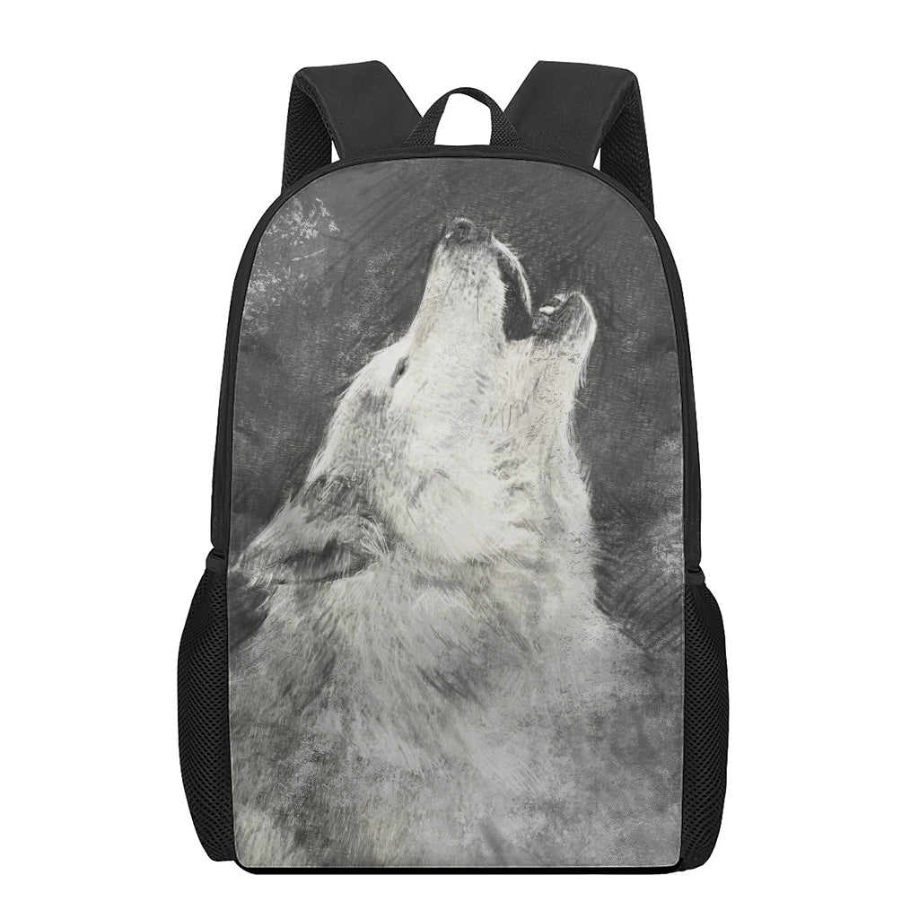 Monochrome Howling Wolf Print 17 Inch Backpack