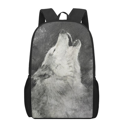 Monochrome Howling Wolf Print 17 Inch Backpack