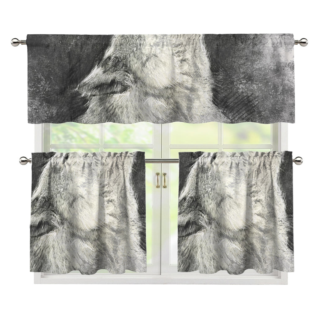 Monochrome Howling Wolf Print 3 Piece Kitchen Curtains
