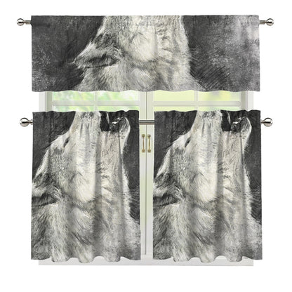 Monochrome Howling Wolf Print 3 Piece Kitchen Curtains