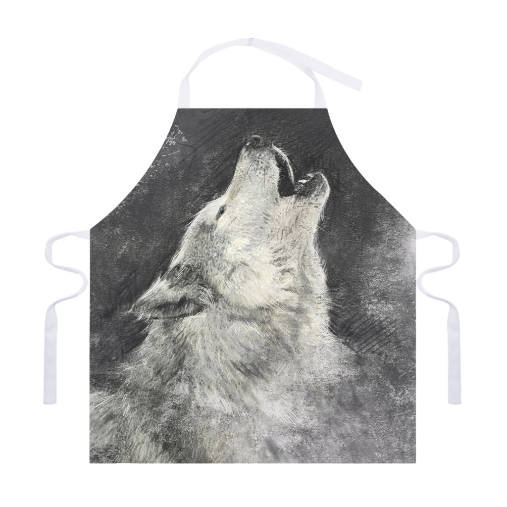 Monochrome Howling Wolf Print Adjustable Apron
