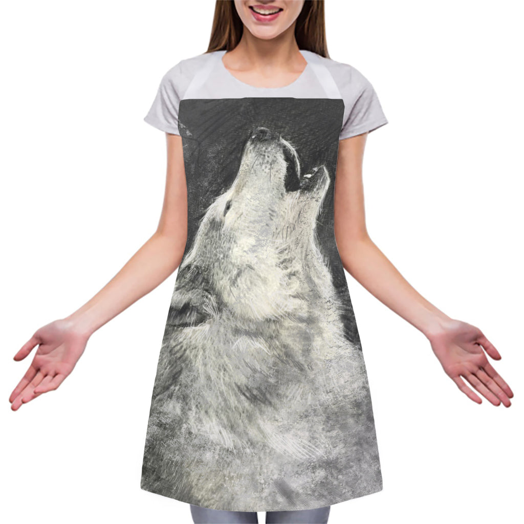 Monochrome Howling Wolf Print Adjustable Apron