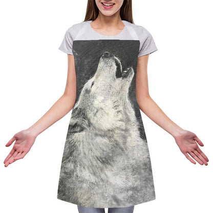 Monochrome Howling Wolf Print Adjustable Apron