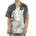Monochrome Howling Wolf Print Aloha Shirt