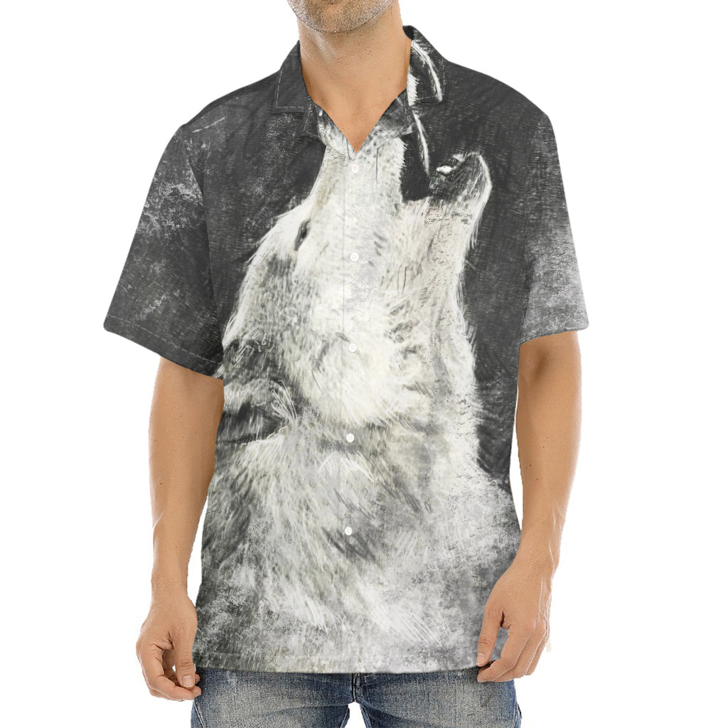 Monochrome Howling Wolf Print Aloha Shirt