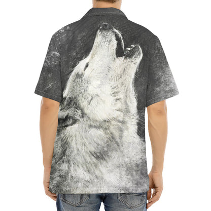 Monochrome Howling Wolf Print Aloha Shirt