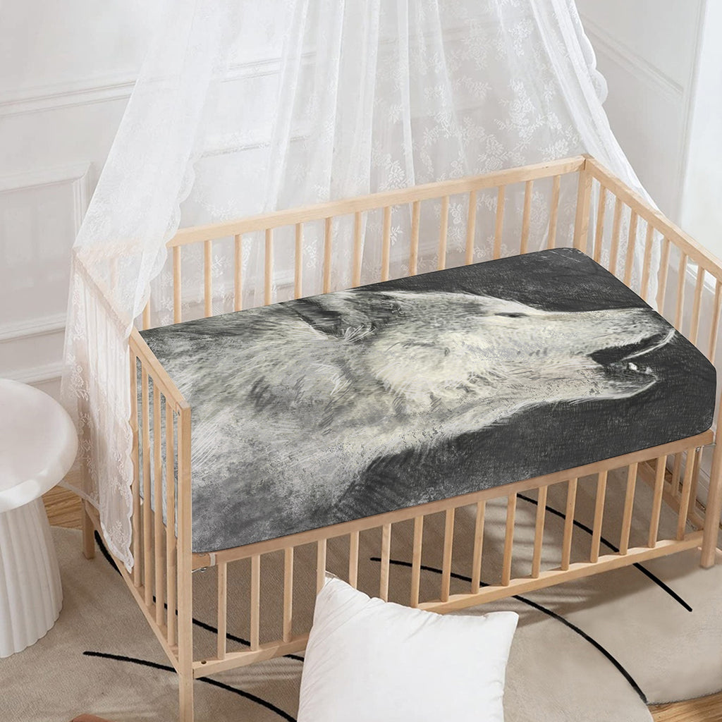 Monochrome Howling Wolf Print Baby Crib Sheet