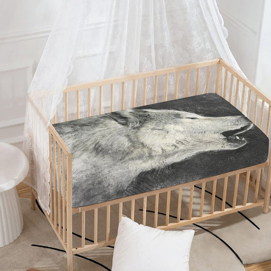 Monochrome Howling Wolf Print Baby Crib Sheet