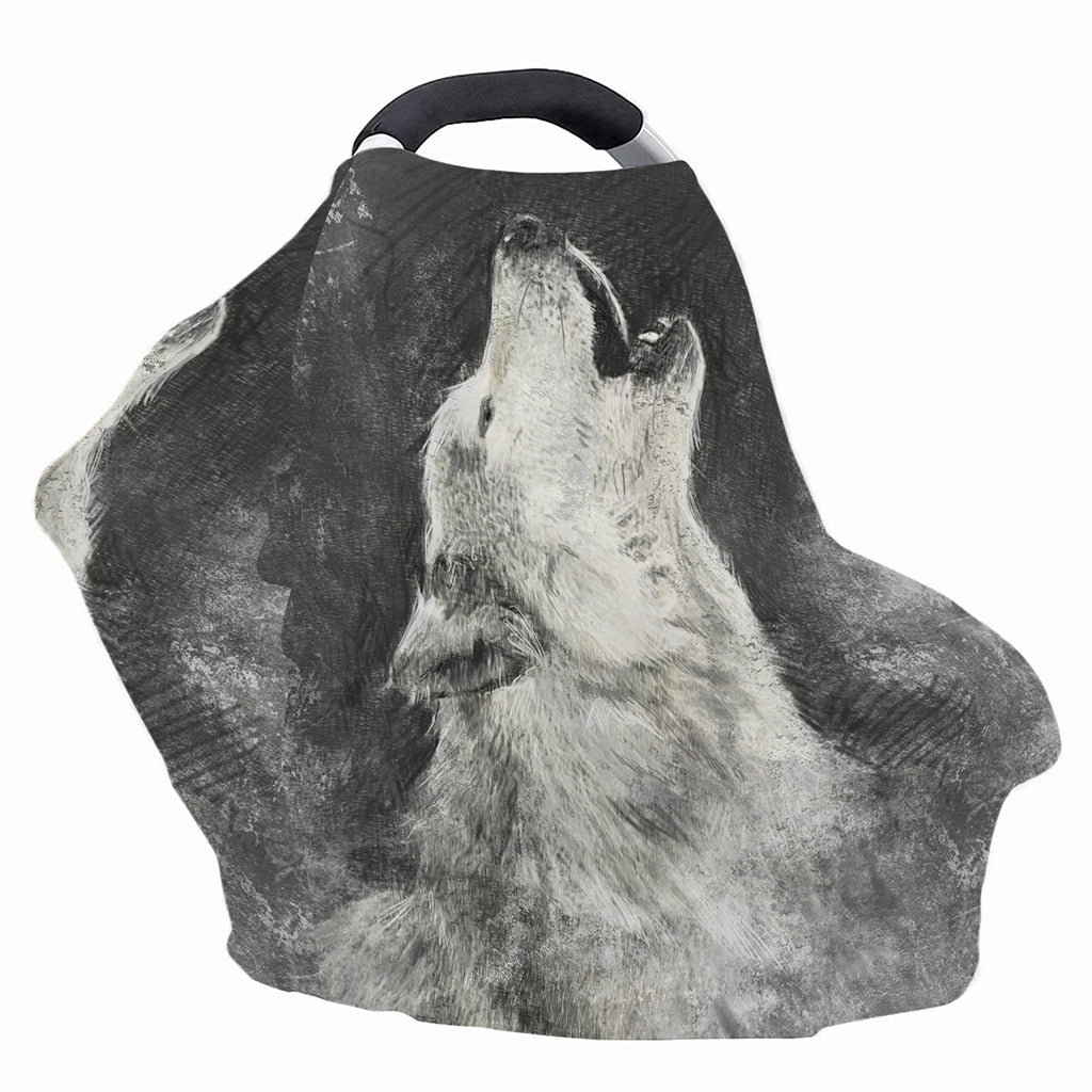 Monochrome Howling Wolf Print Baby Seat Cover