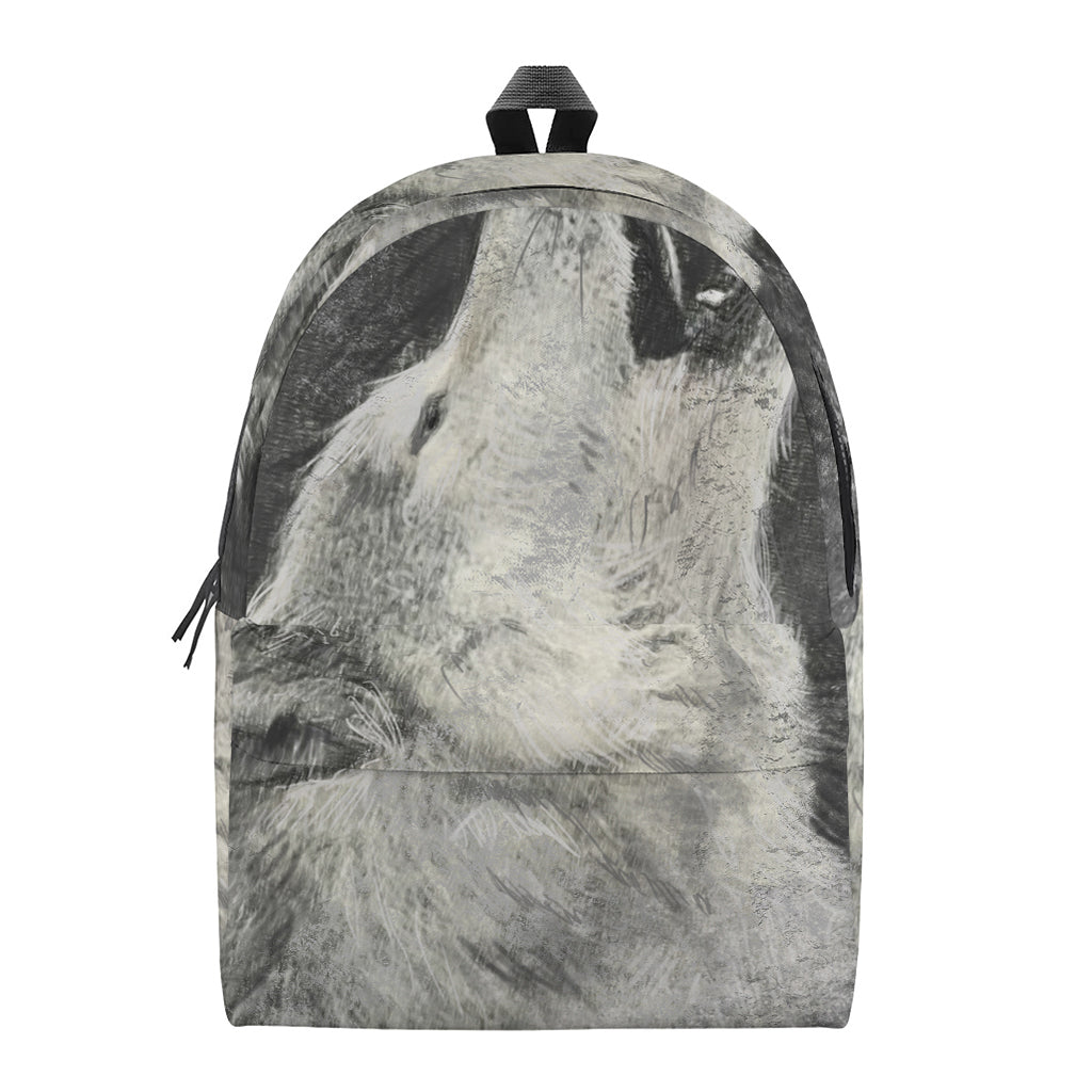 Monochrome Howling Wolf Print Backpack