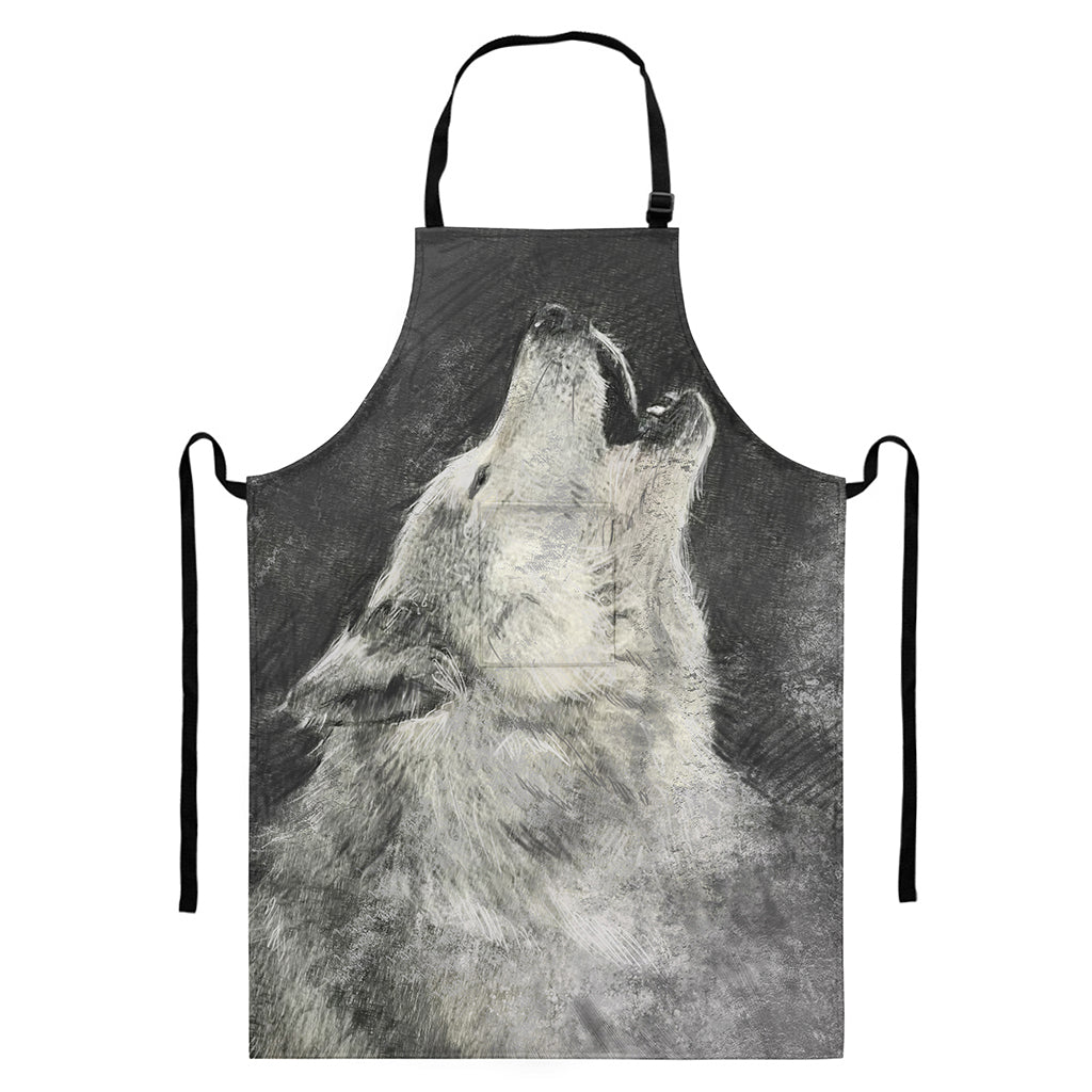 Monochrome Howling Wolf Print Bib Apron With Pocket