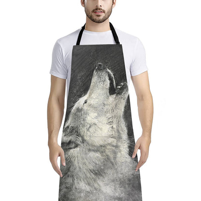 Monochrome Howling Wolf Print Bib Apron With Pocket
