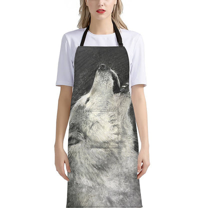 Monochrome Howling Wolf Print Bib Apron With Pocket
