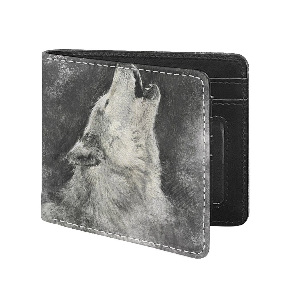 Monochrome Howling Wolf Print Bifold Wallet
