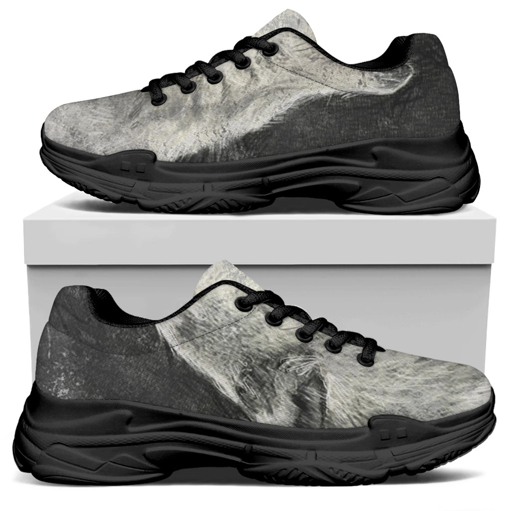 Monochrome Howling Wolf Print Black Chunky Shoes