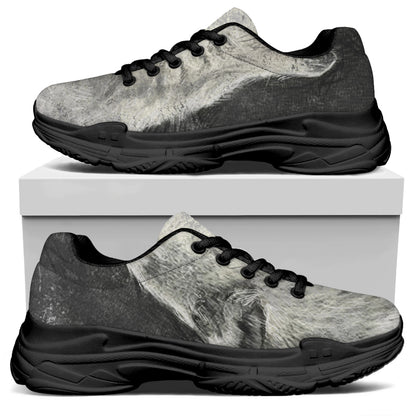 Monochrome Howling Wolf Print Black Chunky Shoes
