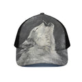 Monochrome Howling Wolf Print Black Mesh Trucker Hat