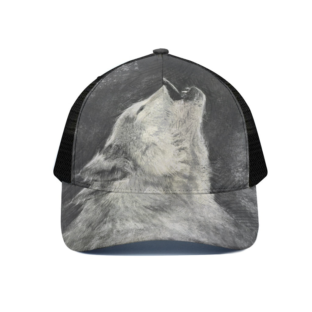 Monochrome Howling Wolf Print Black Mesh Trucker Cap