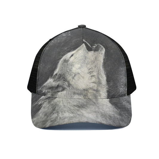 Monochrome Howling Wolf Print Black Mesh Trucker Cap