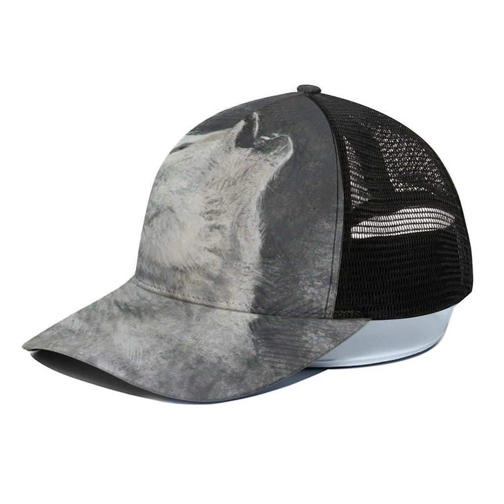 Monochrome Howling Wolf Print Black Mesh Trucker Cap